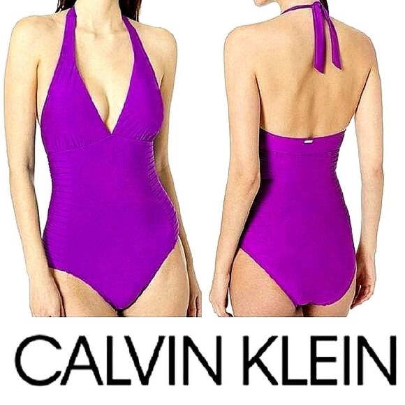 Calvin Klein purple ribbed Side Pleated Tummy control Halter sz 14 swimsuit - Picture 1 of 10